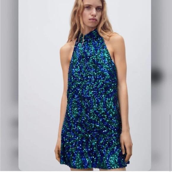Zara Blue and Green SEQUIN HALTER DRESS - Picture 6 of 12